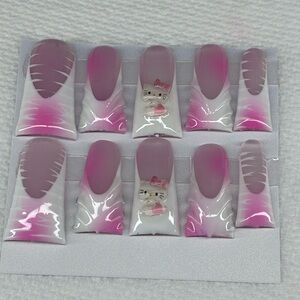 Pink and White Gradient Nail Set with Cute hello kitty Design